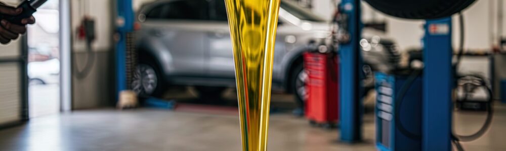 Mechanic Pouring Motor Oil into Container During Car Oil Change